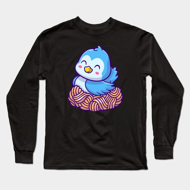 Cute Bird Sitting In Nest Cartoon Long Sleeve T-Shirt by Catalyst Labs